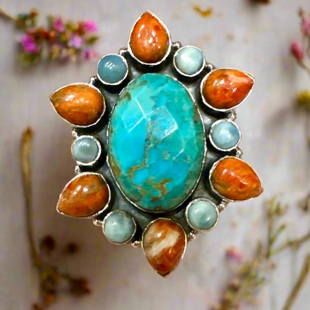 Faceted Mohave Turquoise Spiny Oyster & Larimar Statement Ring 1.75” Long - Picture 2 of 5